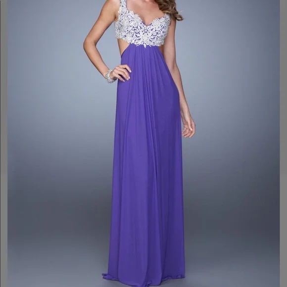La Femme | Dresses | Royal Purple Floral Lace Sidecutout Sleeveless Gown |  Poshmark